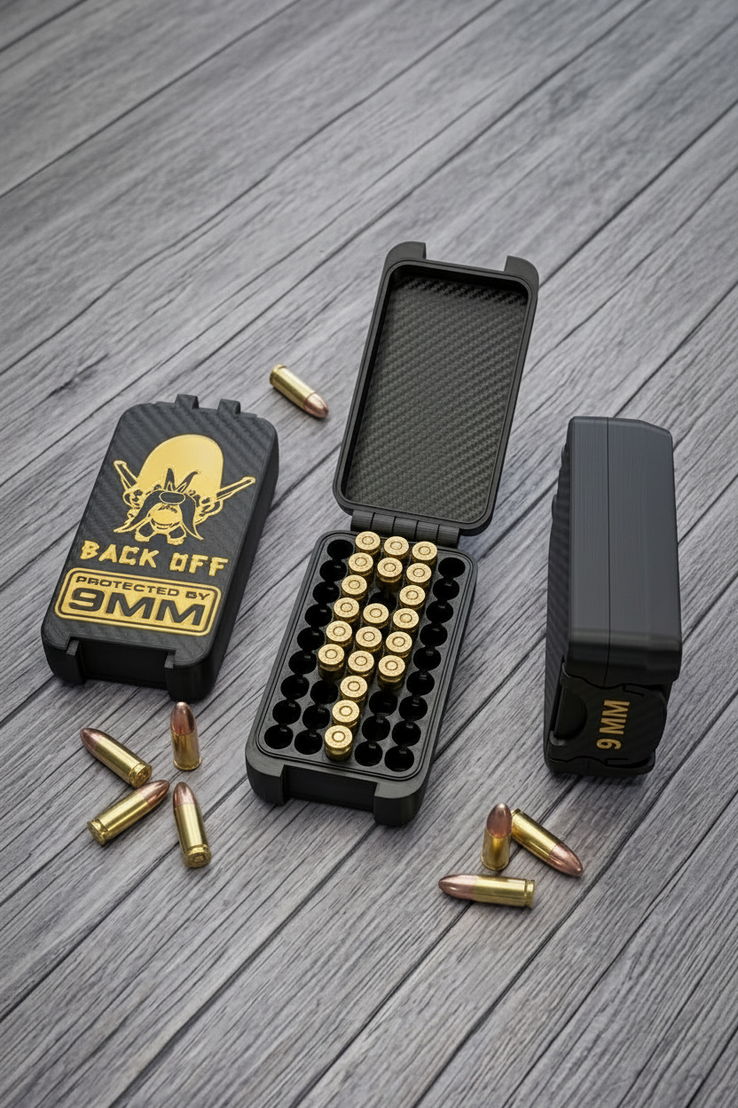 Black 9mm ammunition case with bullets. Fully customizable just email us your logo and such.