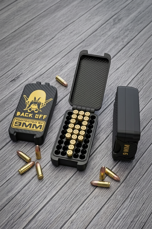 Black 9mm ammunition case with bullets. Fully customizable just email us your logo and such.