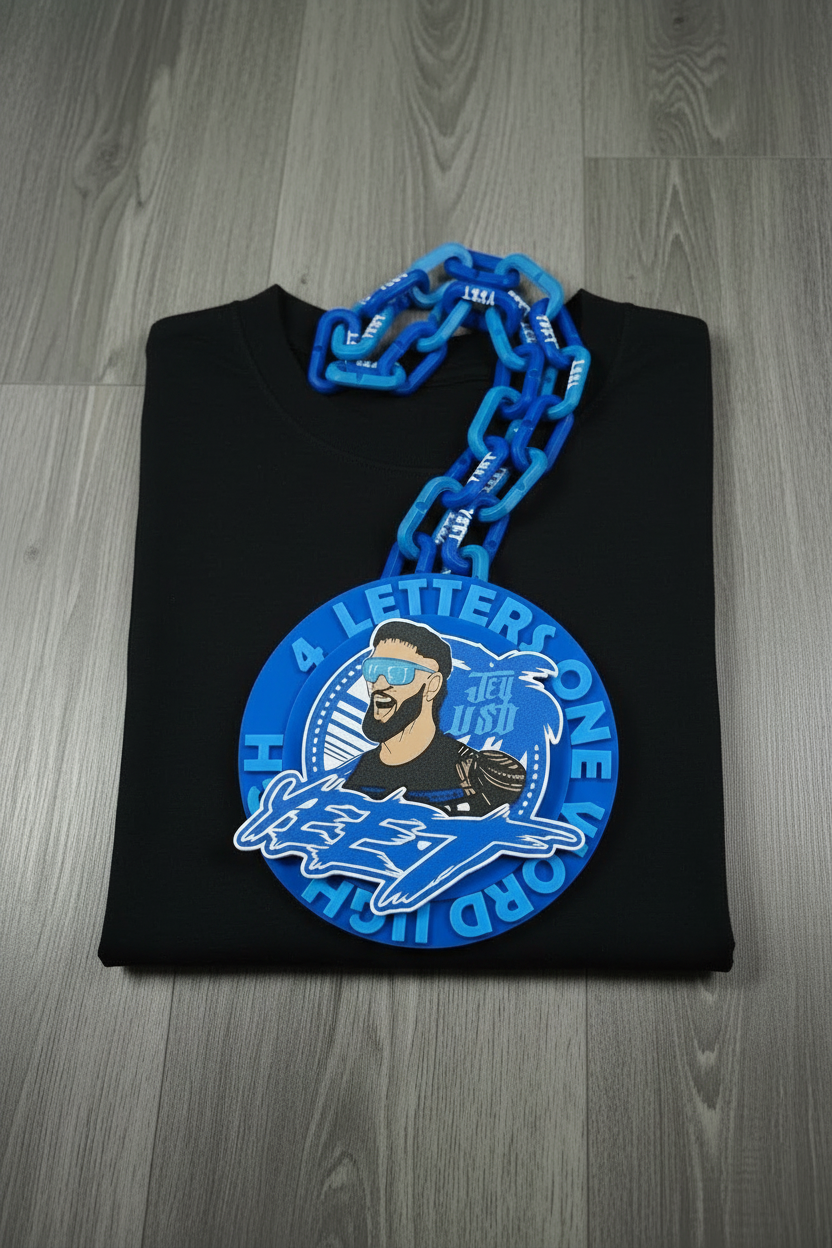 THIS CHAIN SPINS! Blue medallion with a portrait and text on a gray surface