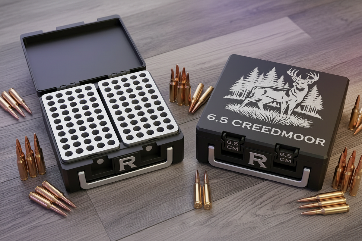 Black ammunition boxes with '6.5 Creedmoor' branding. Rep your logo or put your personal spin on it.