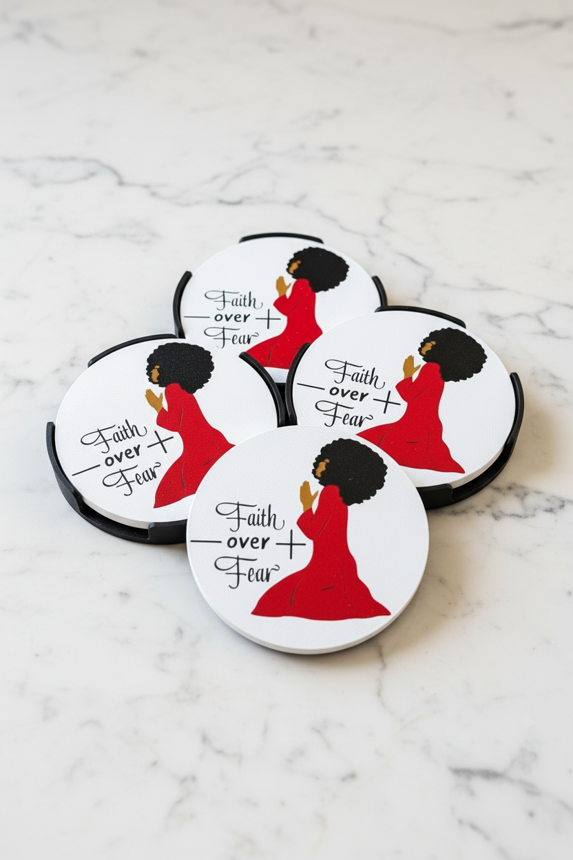 Set of coasters with a design of a woman in a red dress and 'Faith over Fear' 